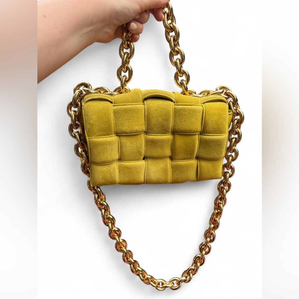 Bottega Veneta Mustard Woven Bag with Gold Chain